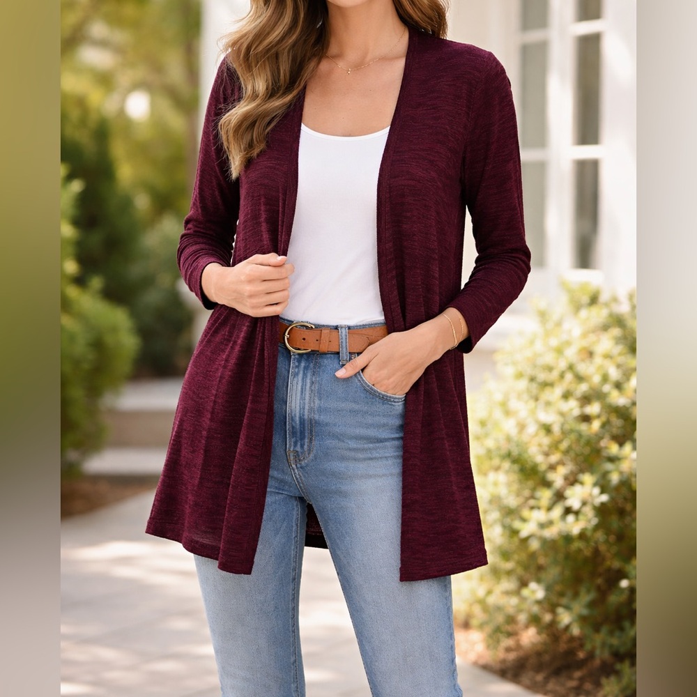 Women's Burgundy Open Front Cardigan - Picture 1 of 4